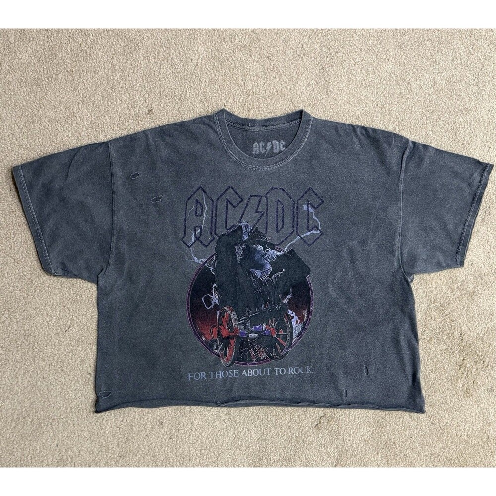 AC/DC Concert Band  S/M Gray For Those About To Rock Graphic Crop Tee Shirt Top